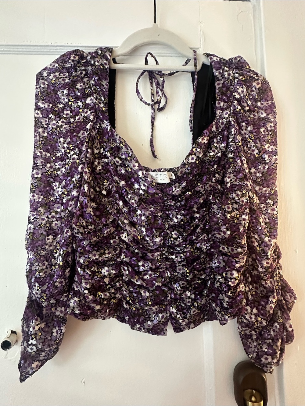 Astr Purple Floral Ruched Tie-Back Blouse